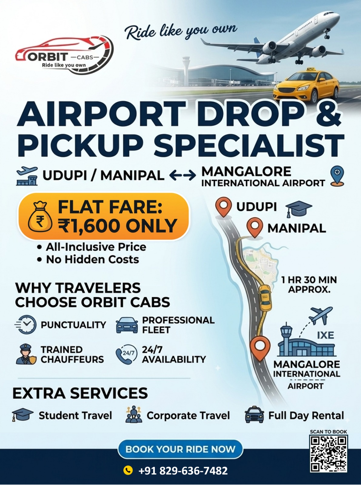 Orbit Cabs airport drop and pickup special offer from Udupi or Manipal to Mangalore International Airport for ₹1,600